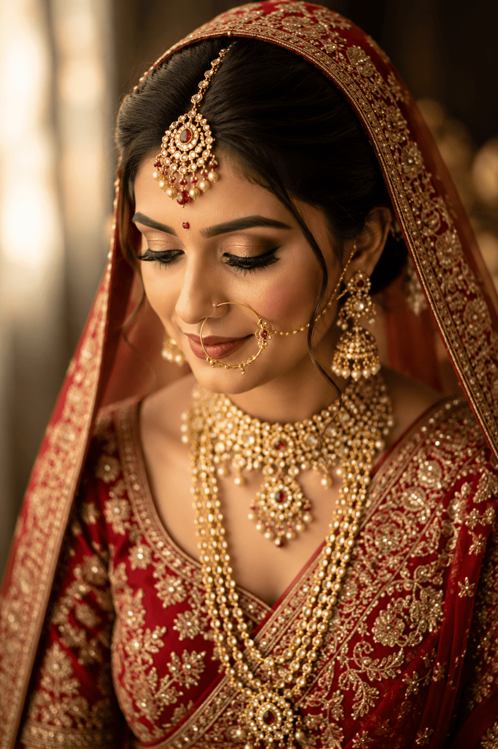 AI-generated luxury bridal portrait featuring traditional gold jewellery and a red bridal lehenga (temporary — pending real OMANX photography)