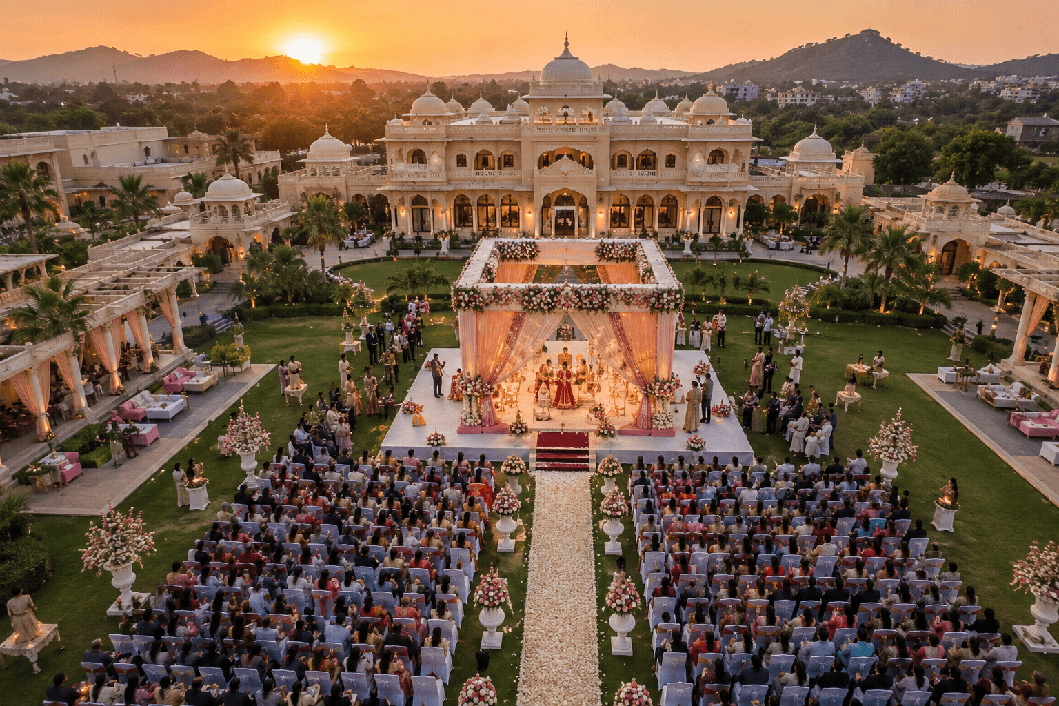 Aerial drone view of a wedding celebration (stock photo — OMANX does not yet have real drone footage in its media library)
