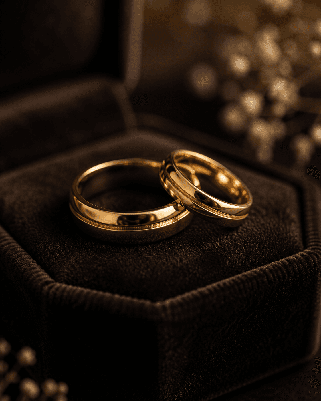 macro close-up of two gold wedding bands in a velvet ring box (temporary — pending real OMANX photography)